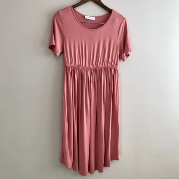 From Palmer Preppy Soft Stretchy Flowy Empire Waist Short Sleeve Midi Dress Pink - Picture 7 of 9